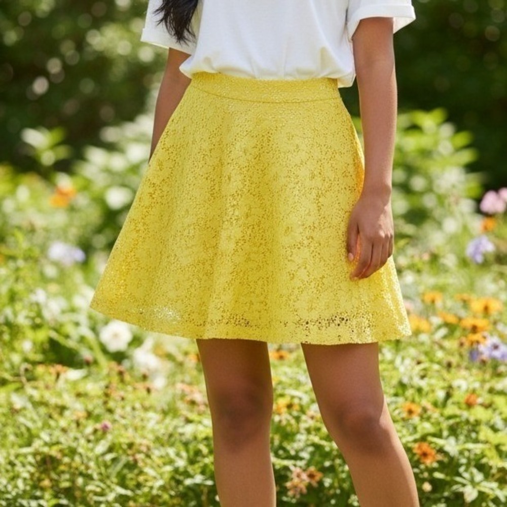 Joe Benbasset Womens Yellow Floral Lace Skater Mini Skirt Size XS High Waisted